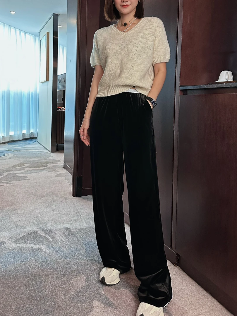 Q-《宽松百搭丝绒裤》韩版气质直筒休闲短款时尚显瘦秋季高腰HW228