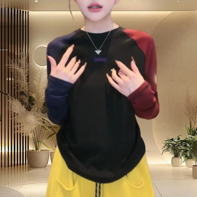 2025春季新款长袖打底衫女百搭舒适休闲拼接长袖打底衫潮流T恤