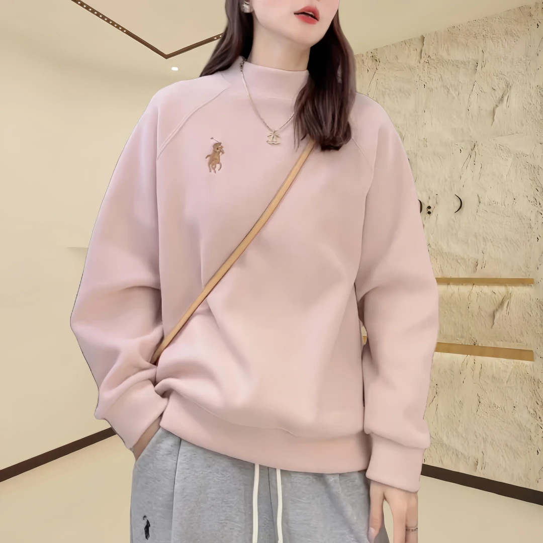 2024冬季新款小立领宽松显瘦刺绣圆领卫衣休闲时尚上衣百搭打底衫