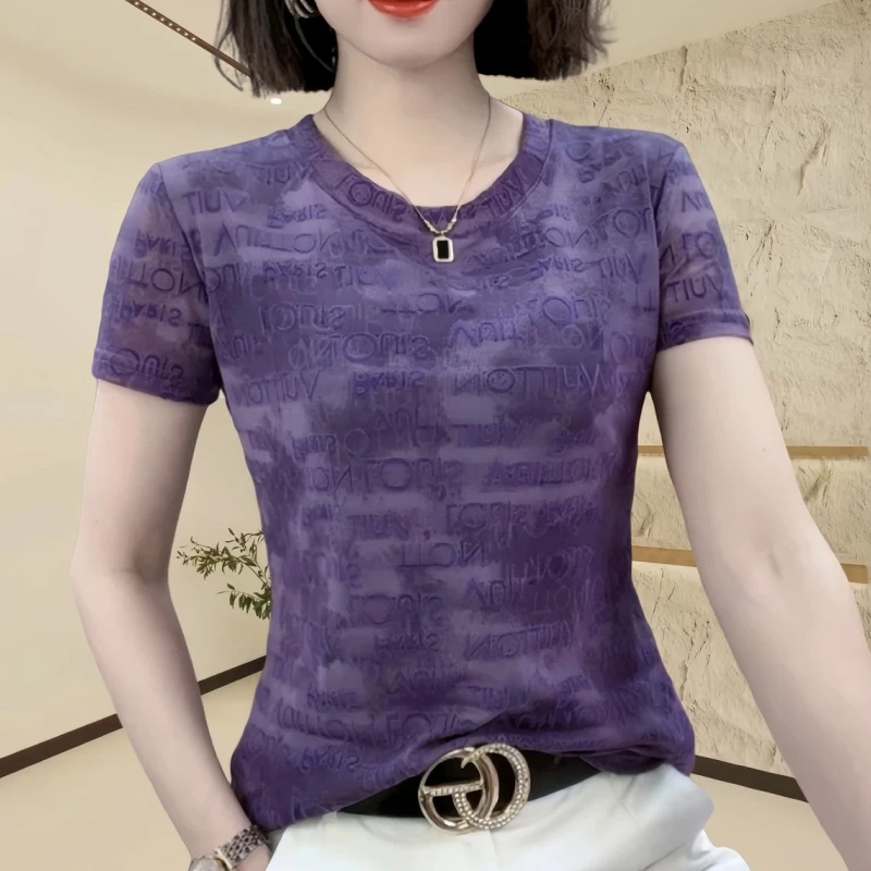 2024夏季新款女装V领短袖T恤女打底衫弹力印花上衣妈妈装洋气小衫