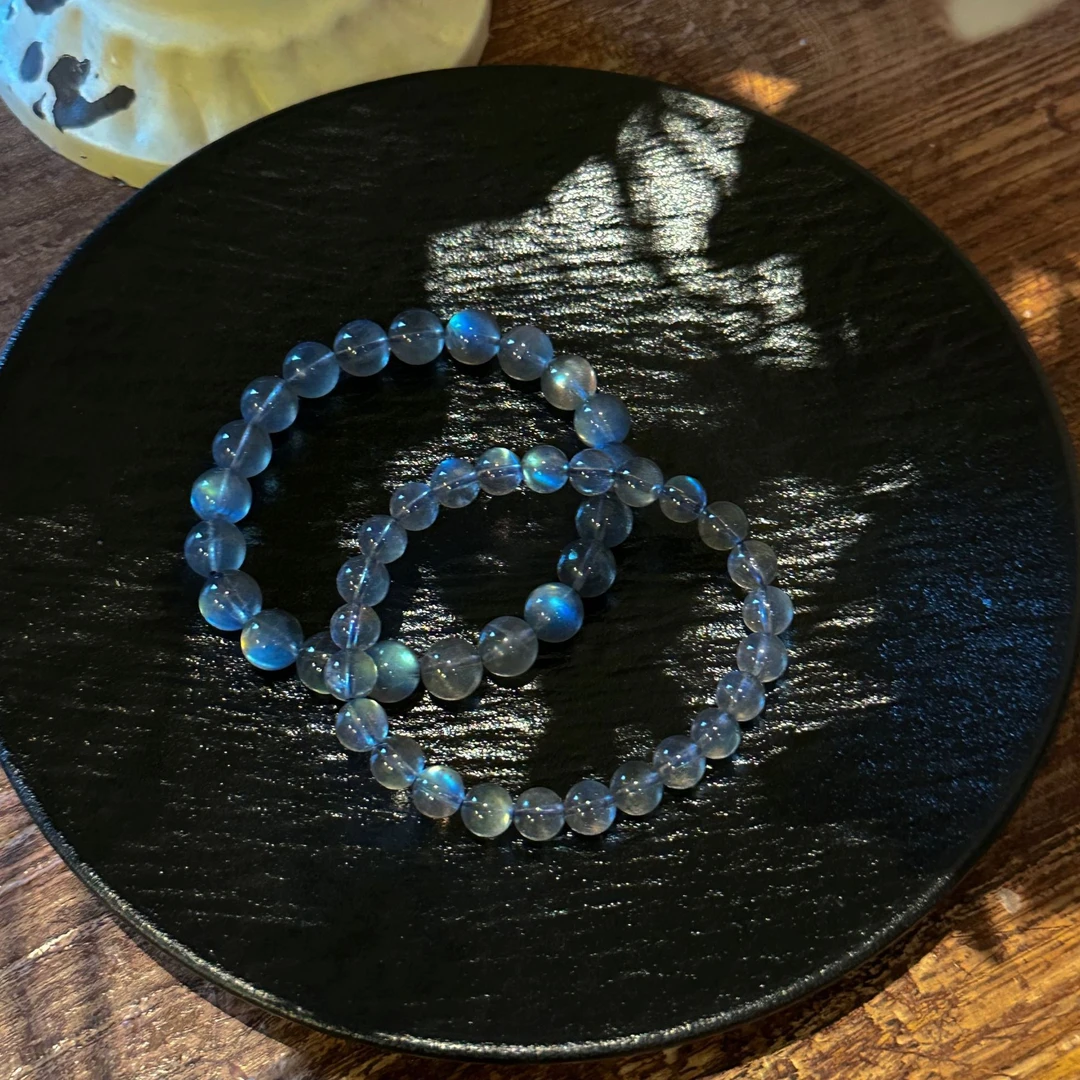 天然全蓝光灰月光手串收藏冰种拉长石手链颗颗强蓝光多样性发一