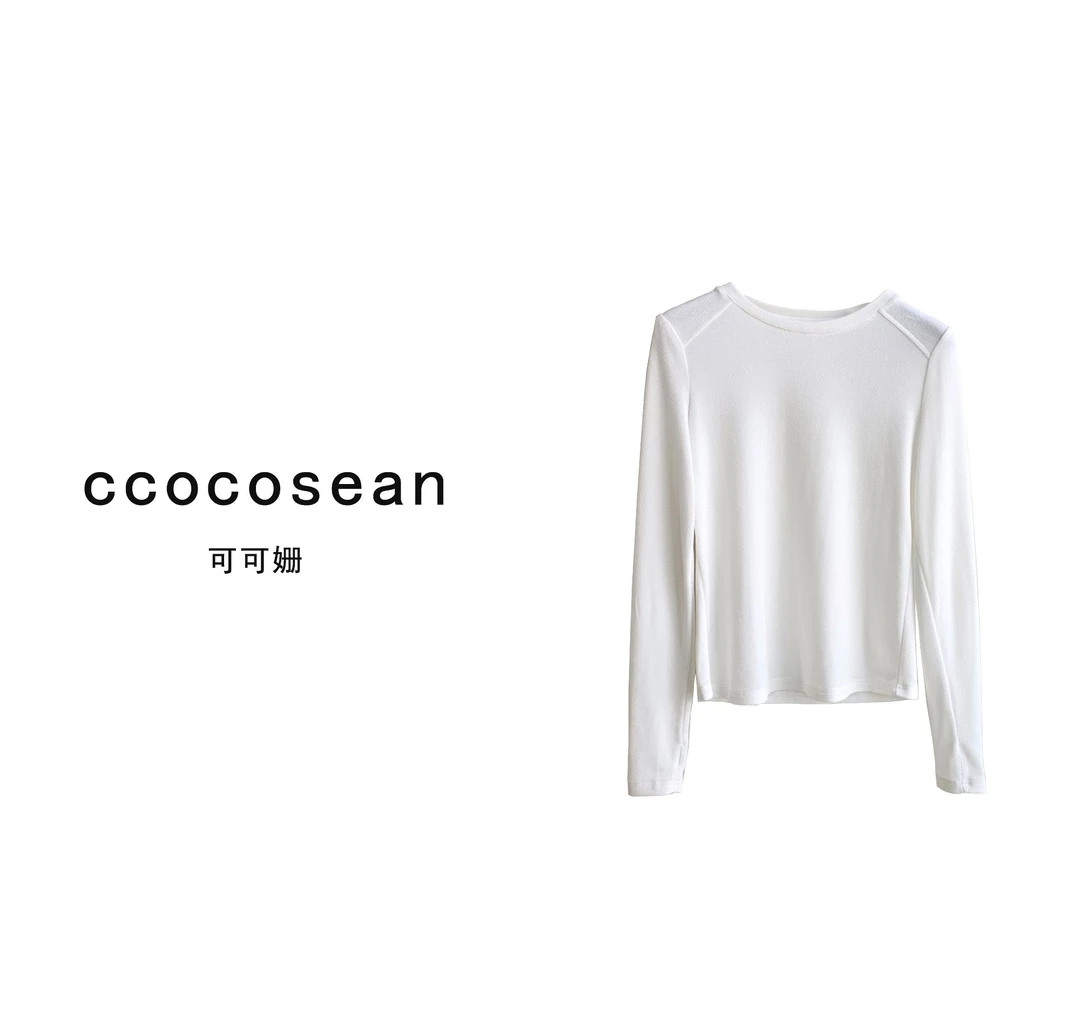Ccocosean 2024秋冬新款设计师小众 小米粒醋酸打底上衣 圆领长袖