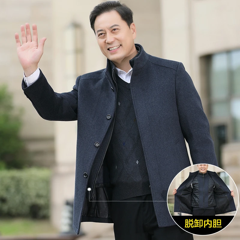 【单穿脱卸内胆】羊毛呢大衣男秋冬装加厚棉衣中年男士商务冬季外套