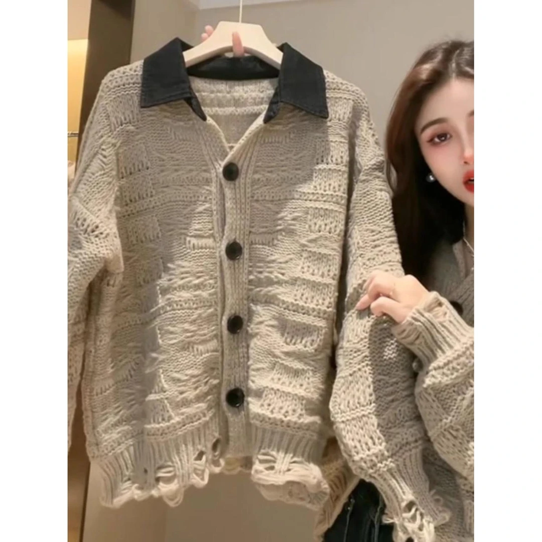 时尚撞色拼接牛仔领开衫针织开衫毛衣女新款慵懒百搭宽松外套上衣