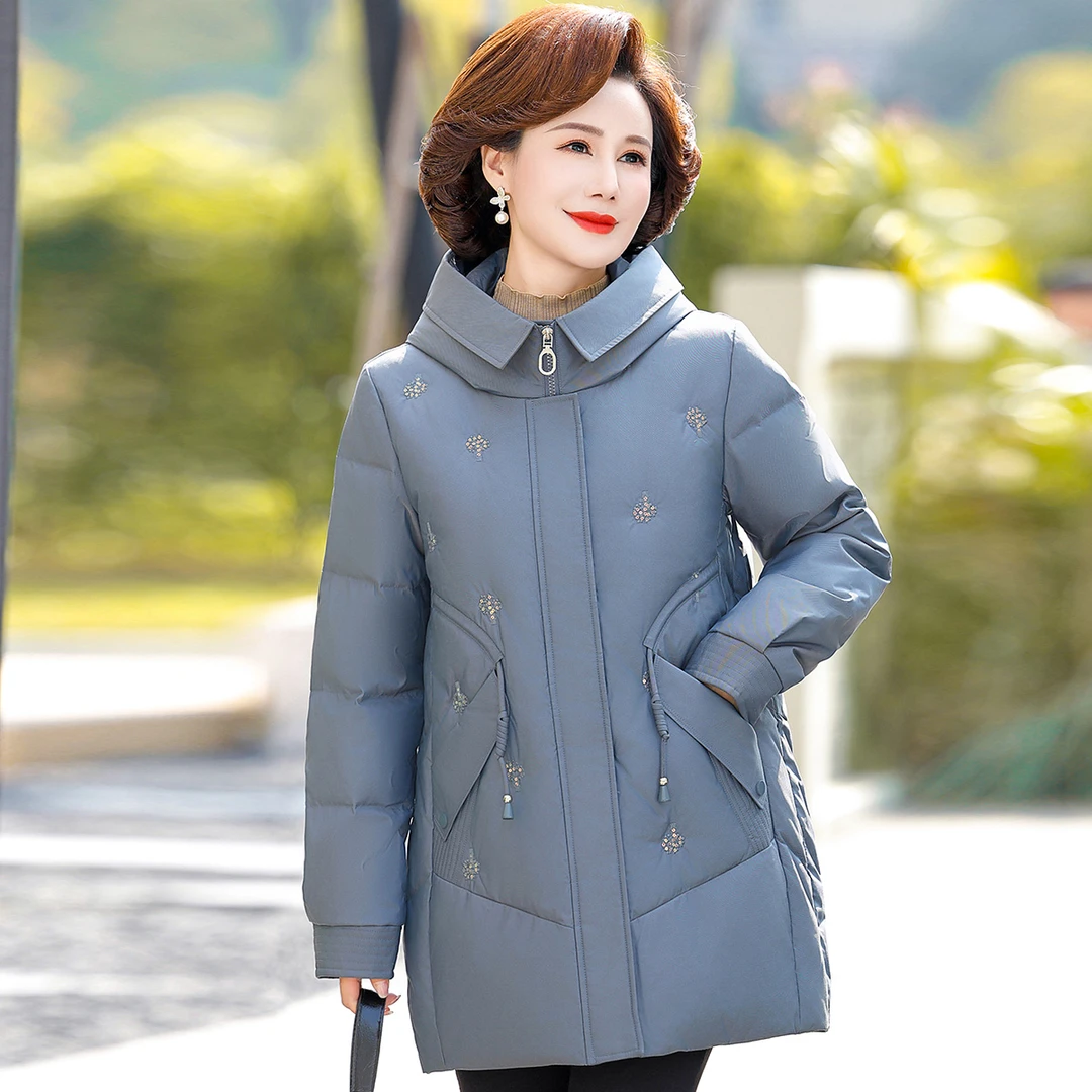 妈妈装气质保暖羽绒服女冬季新品中老年冬装老年人连帽休闲保暖