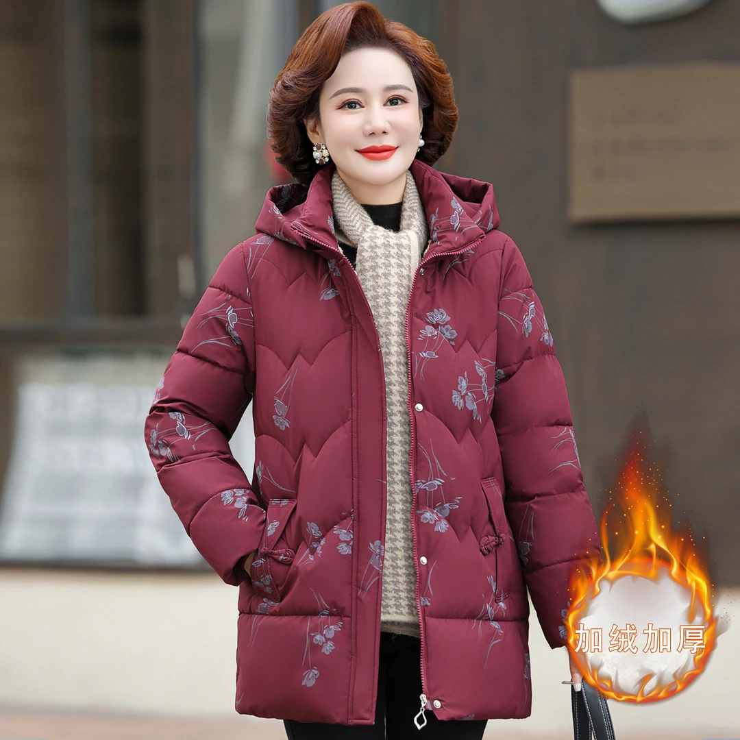 中老年人女妈妈装秋冬季新款加厚保暖一体绒棉袄衣服气质连帽外套