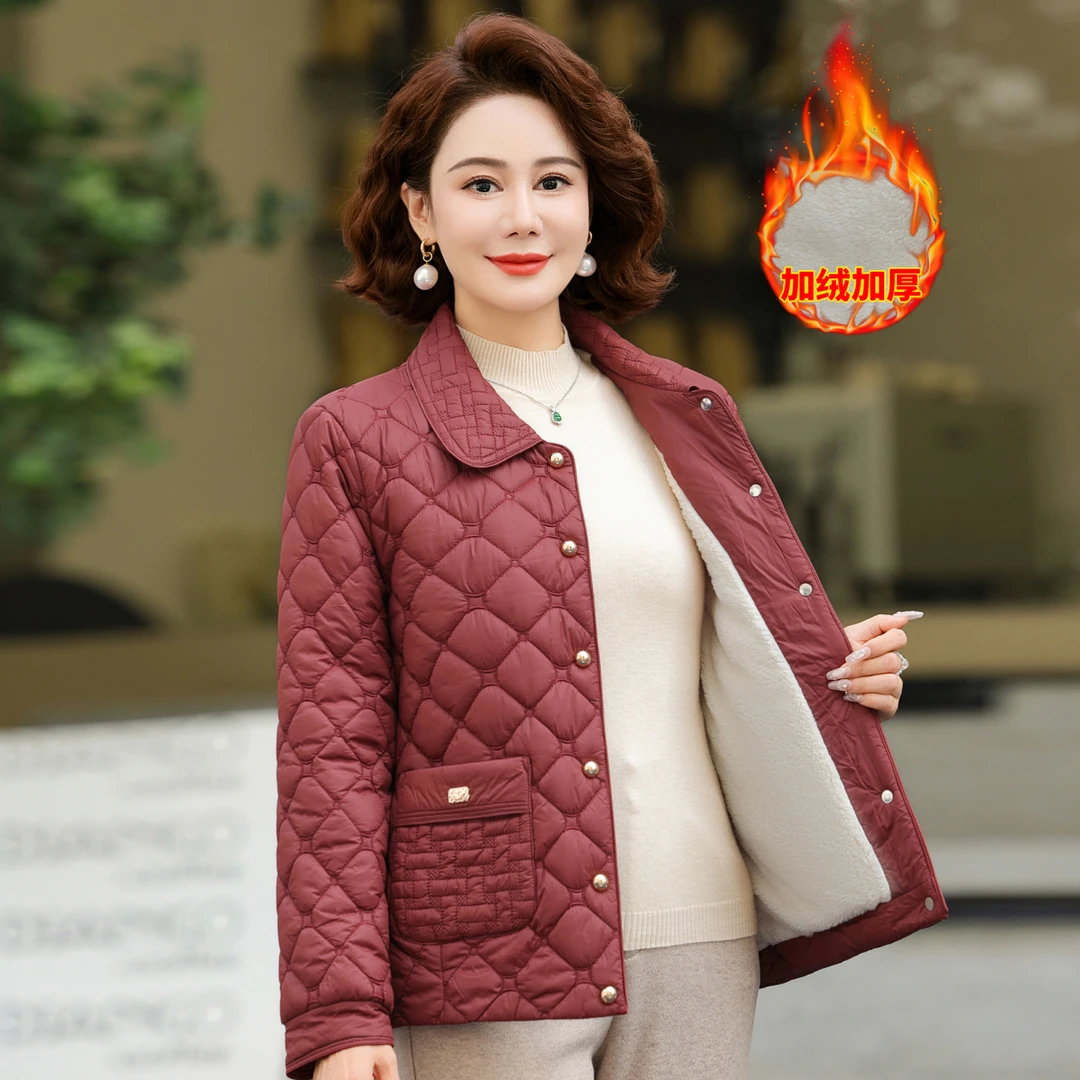 秋冬新棉衣时尚妈妈装厚外套加绒棉服中老年洋气女装毛领保暖冬