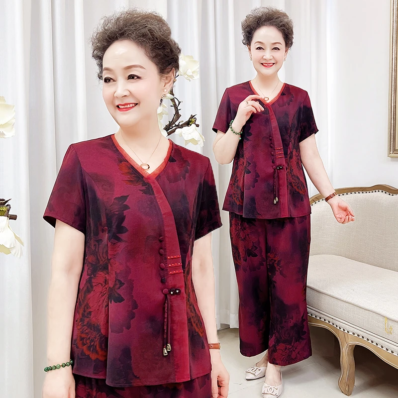 洋气妈妈夏装新款套装显瘦短袖T恤宽松裤子中老年女装高贵两件套