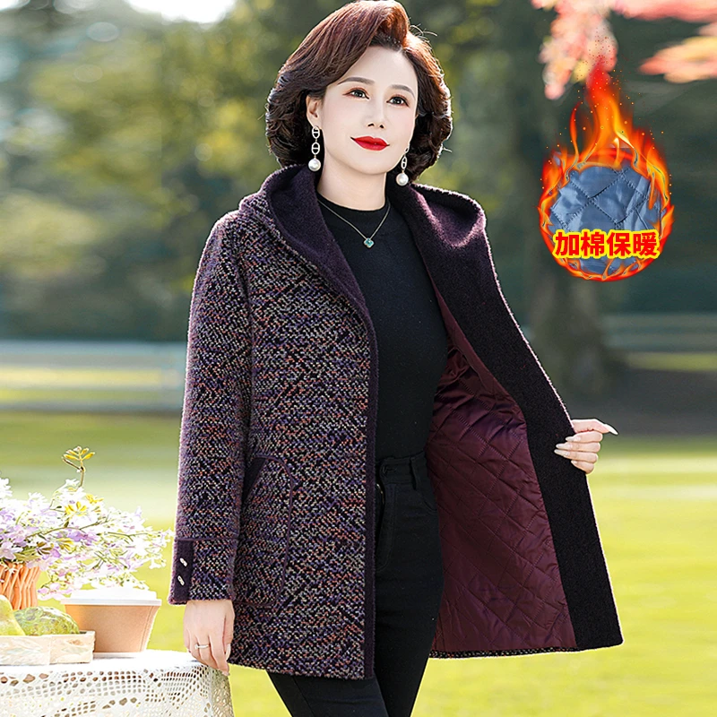 冬季中长款彩色毛呢厚中老年女装连帽大衣妈妈装保暖夹棉外套