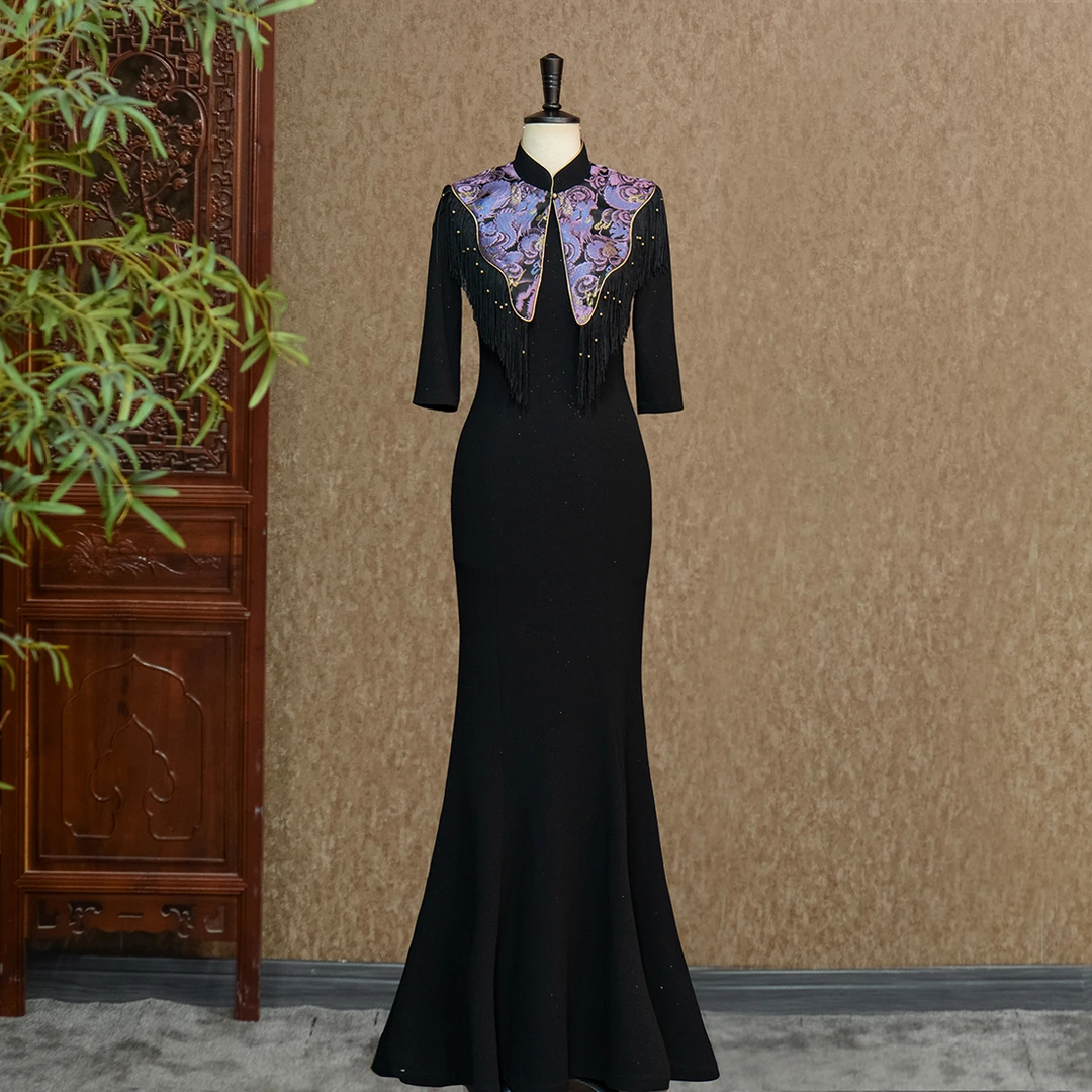 【姚君老师粉丝福利】墨羽倾炫旗袍走秀中长款连衣裙