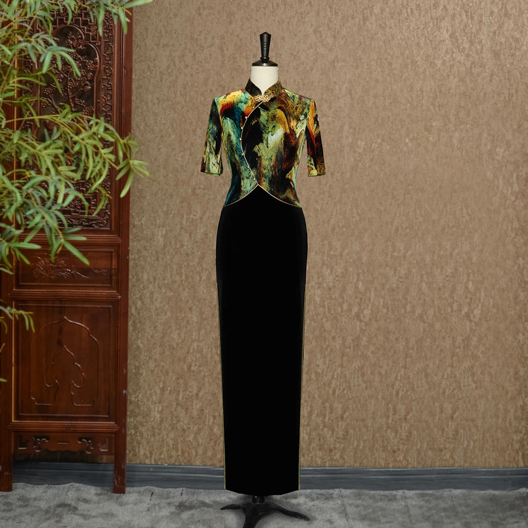 【旗袍大师粉丝福利】琴弦月色 走秀旗袍走秀中长款连衣裙