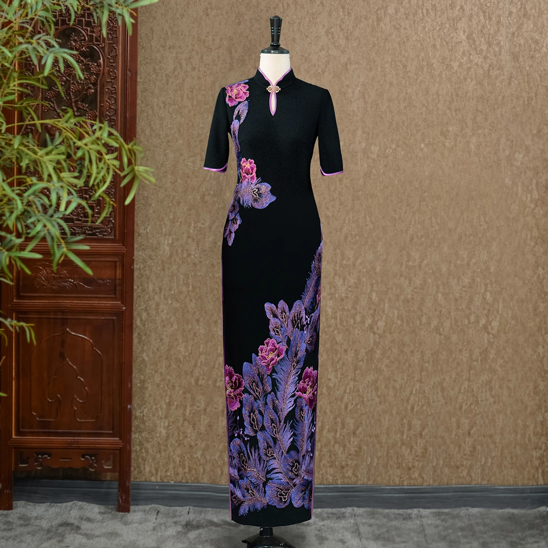 【卓姿精品专属】锦葵紫走秀旗袍走秀中长款连衣裙日常修身