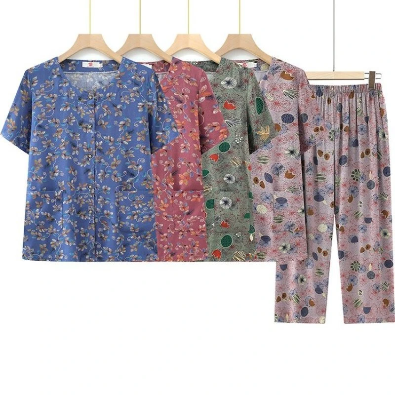 奶奶夏装棉绸套装女中老年人短袖衣服妈妈睡衣老人太太开衫居家服