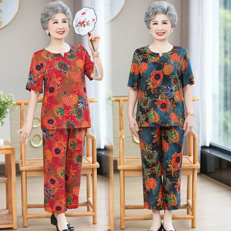 老年人女夏装套装棉绸妈妈人造棉睡衣70岁80奶奶装夏季绵绸两件套