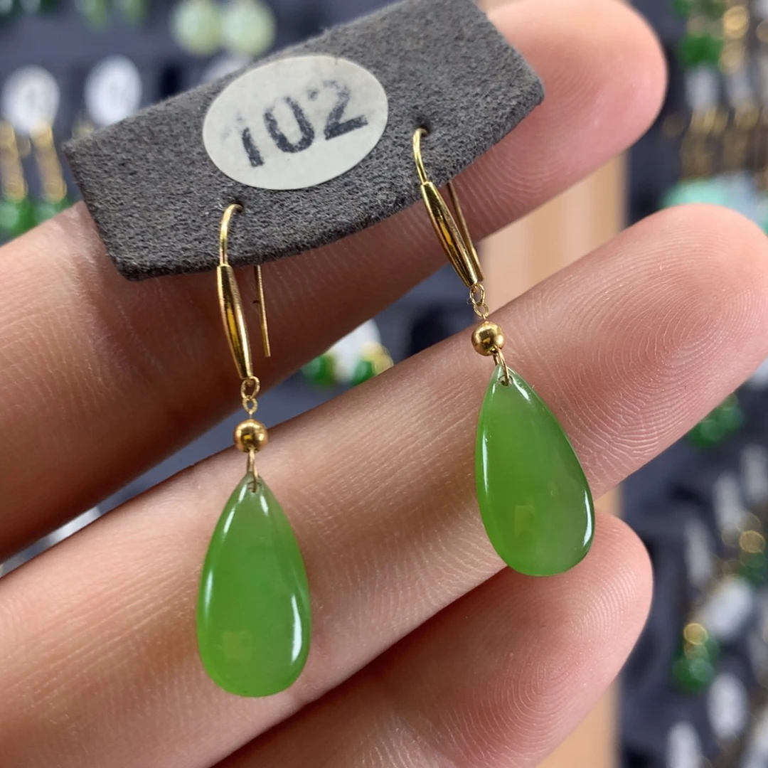 和田玉耳环18K金镶嵌