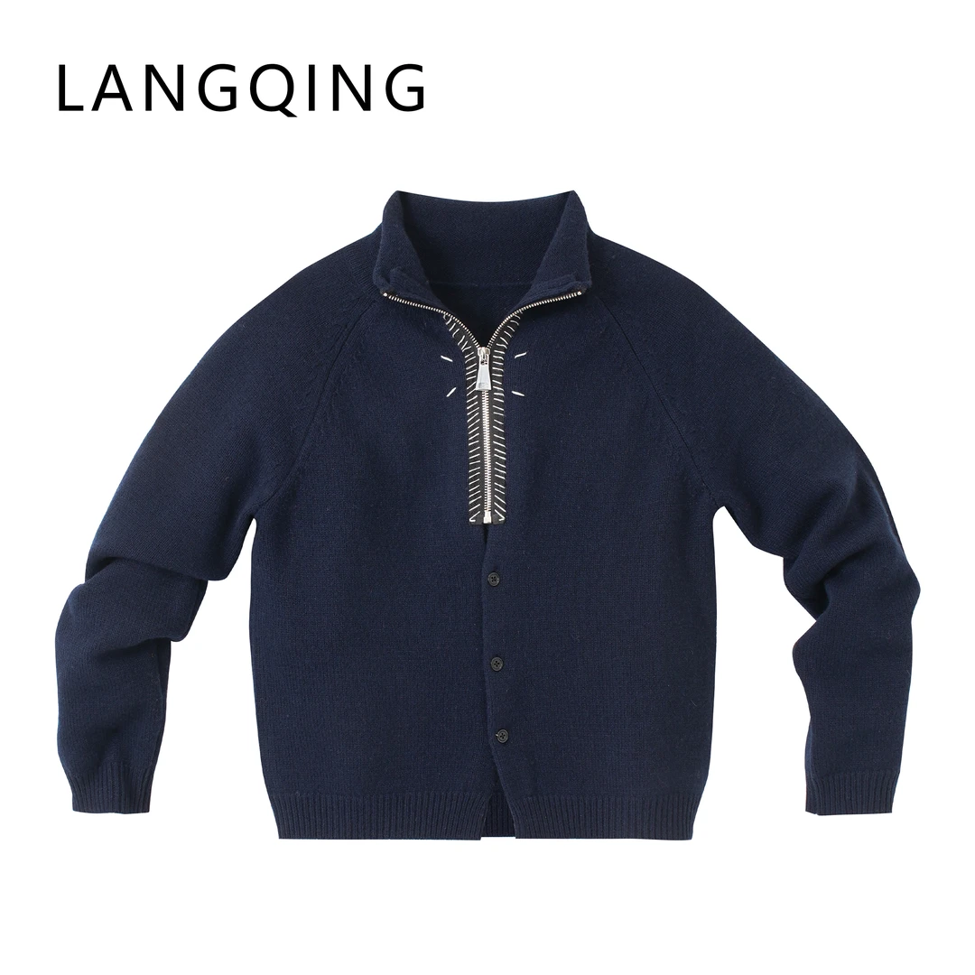 LANGQING 小个子蓝色半高领休闲羊毛针织开衫43199#