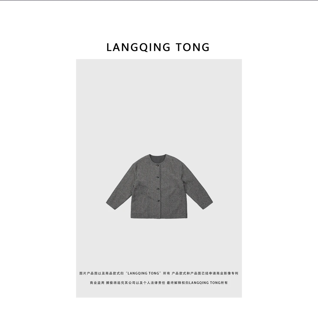 LANGQING 灰色休闲圆领宽松气质舒适薄外套42279#