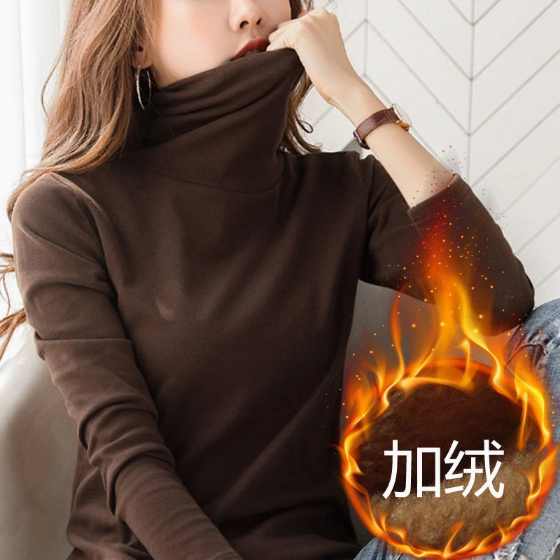 加绒加厚纯棉高领打底衫女秋冬纯色长袖T恤上衣内搭小衫外穿秋衣