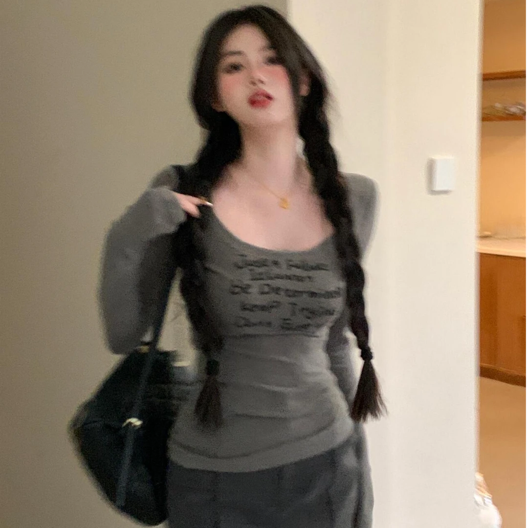 2024早秋新款甜酷休闲辣妹修身大U领打底衫长袖T恤上衣女百搭显瘦