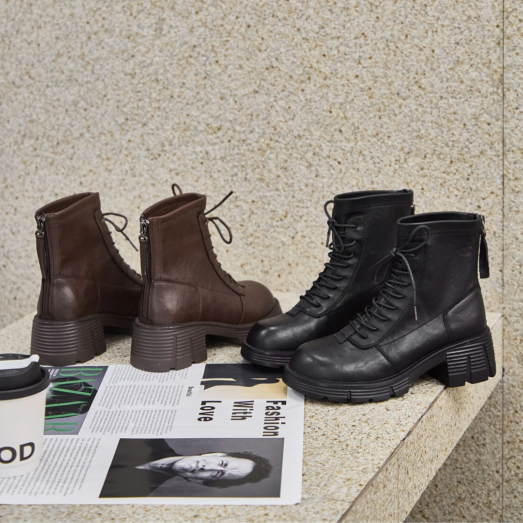 高级百搭质感时尚复古休闲系带厚底英伦风增高遮肉瘦瘦马丁靴