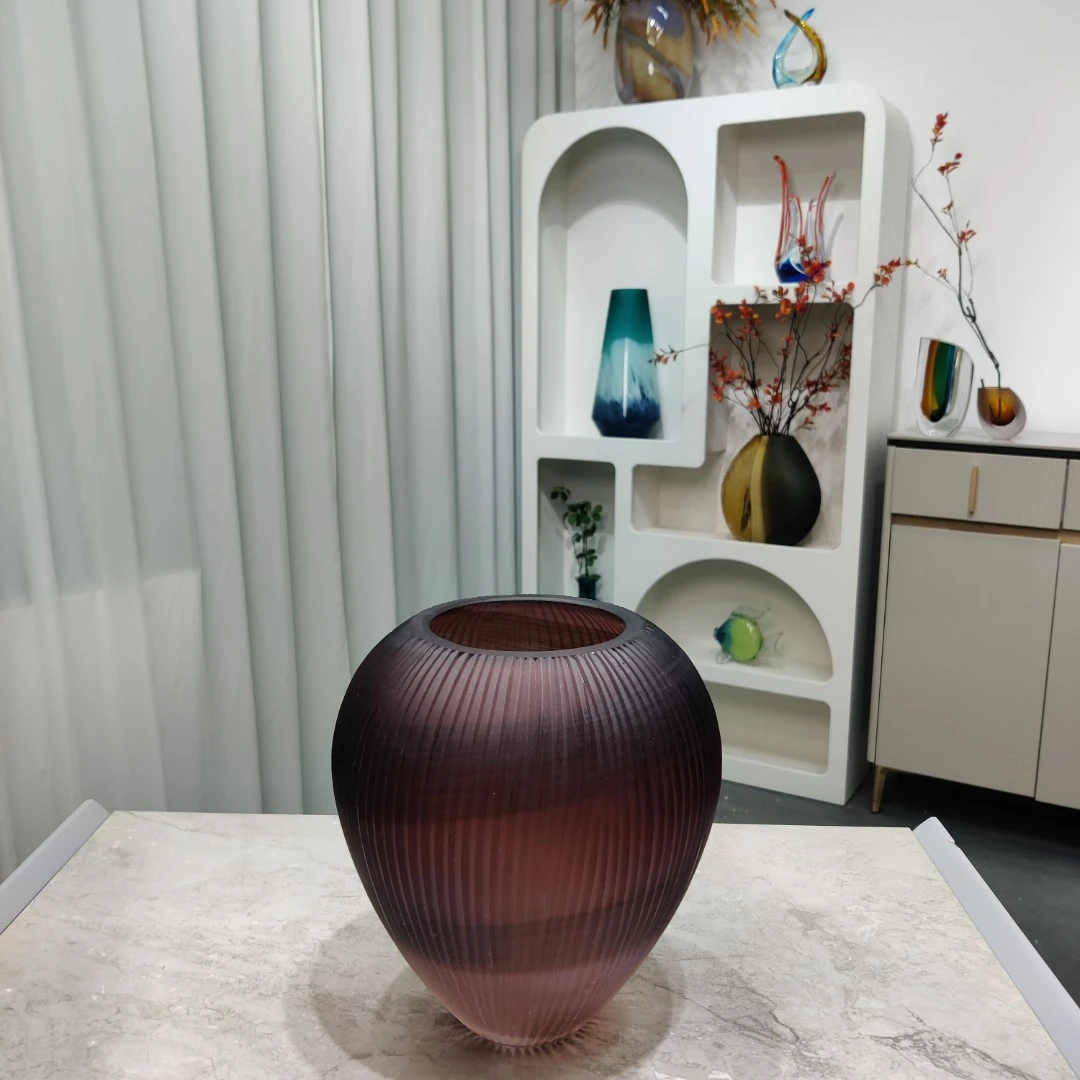 A509 时尚简约紫红色磨砂琉璃花瓶客厅餐厅高端欧式插花装饰花器