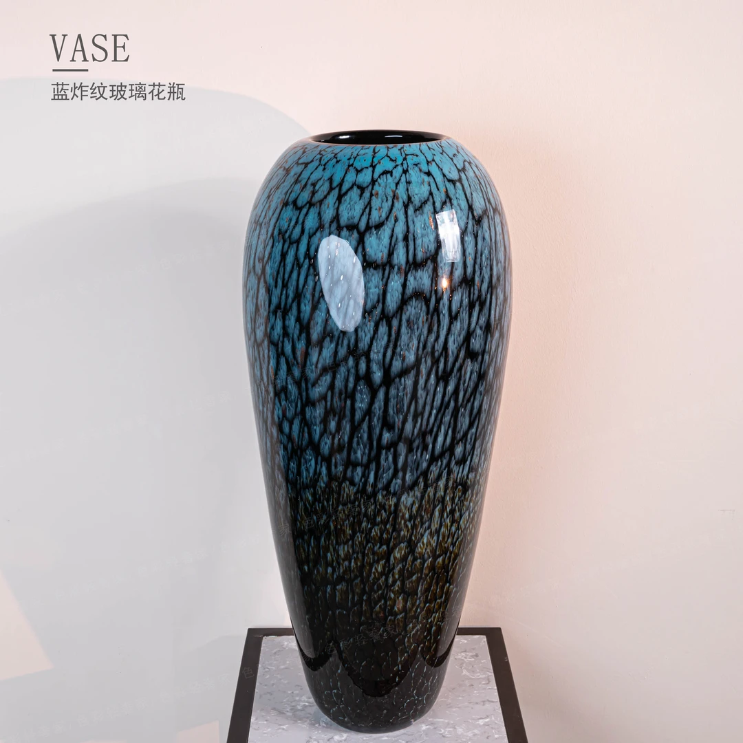 [青谷] Z2-欧式蓝炸纹巧克力玻璃花瓶桌面简约装饰品时尚花器F745