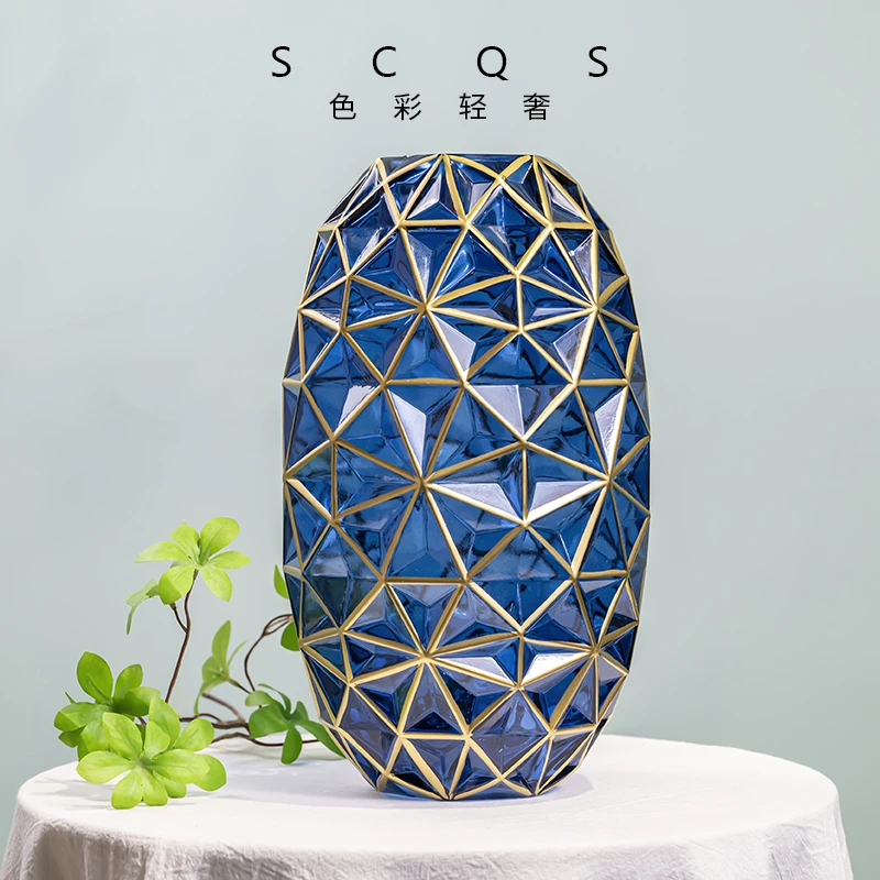 [豆豆]蓝色描金美巢插花桌面摆件琉璃花瓶时尚简约花卉花器H327