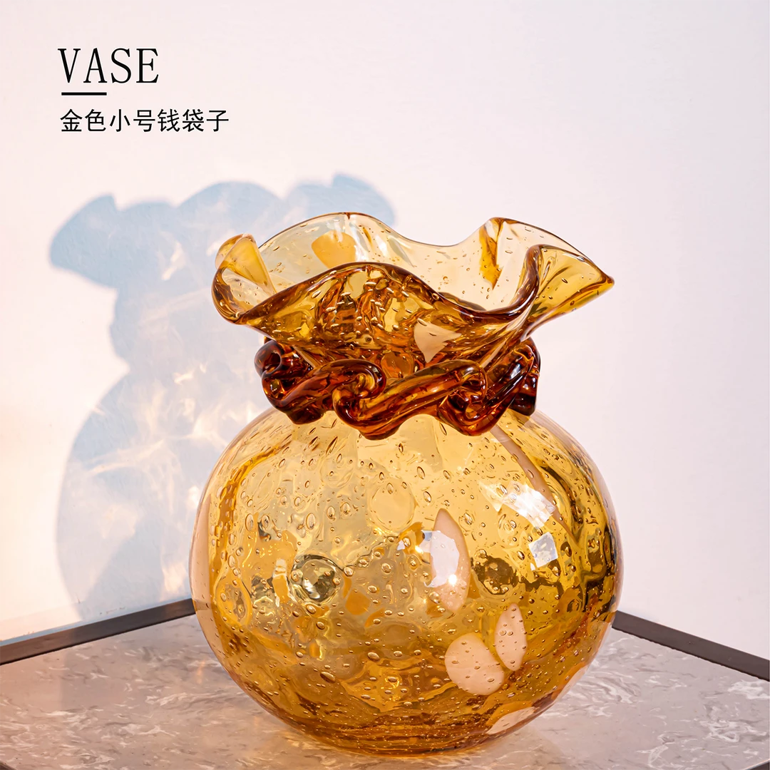 好寓意黄色琉璃钱袋子花瓶人工手作高档插花花瓶摆件A633