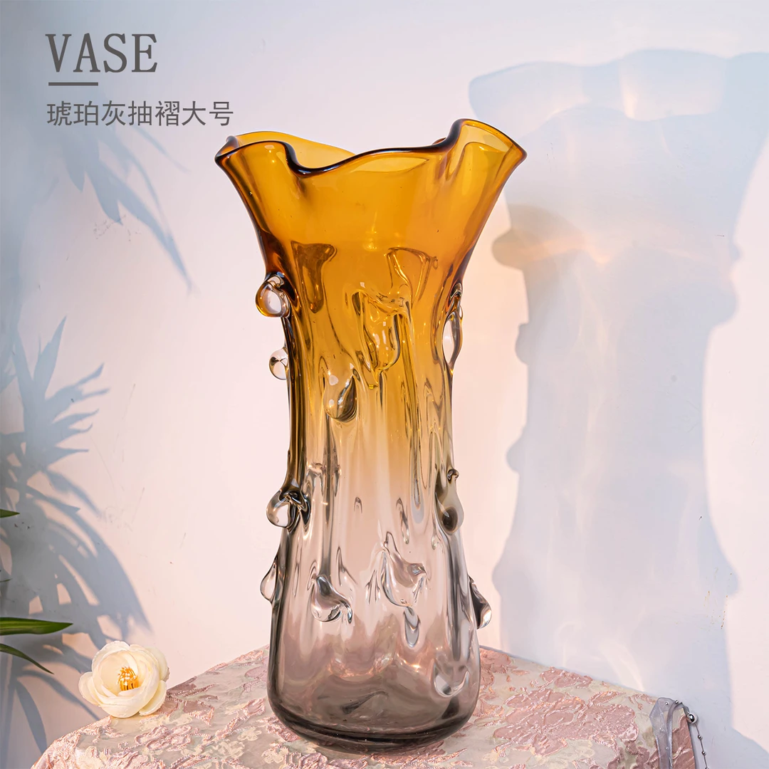 [青谷]琥珀灰色褶皱气泡琉璃花瓶桌面简约花卉装饰品花器F915
