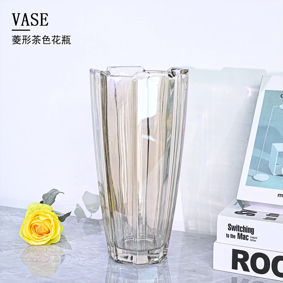 青谷家欧式菱形浅茶色轻奢花瓶家用时尚简约插花装饰花器J320