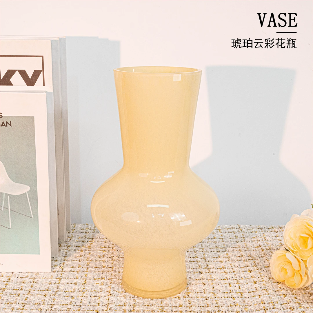 [青谷]欧式复古奶色琉璃花瓶高级感桌面客厅鲜花专用J212