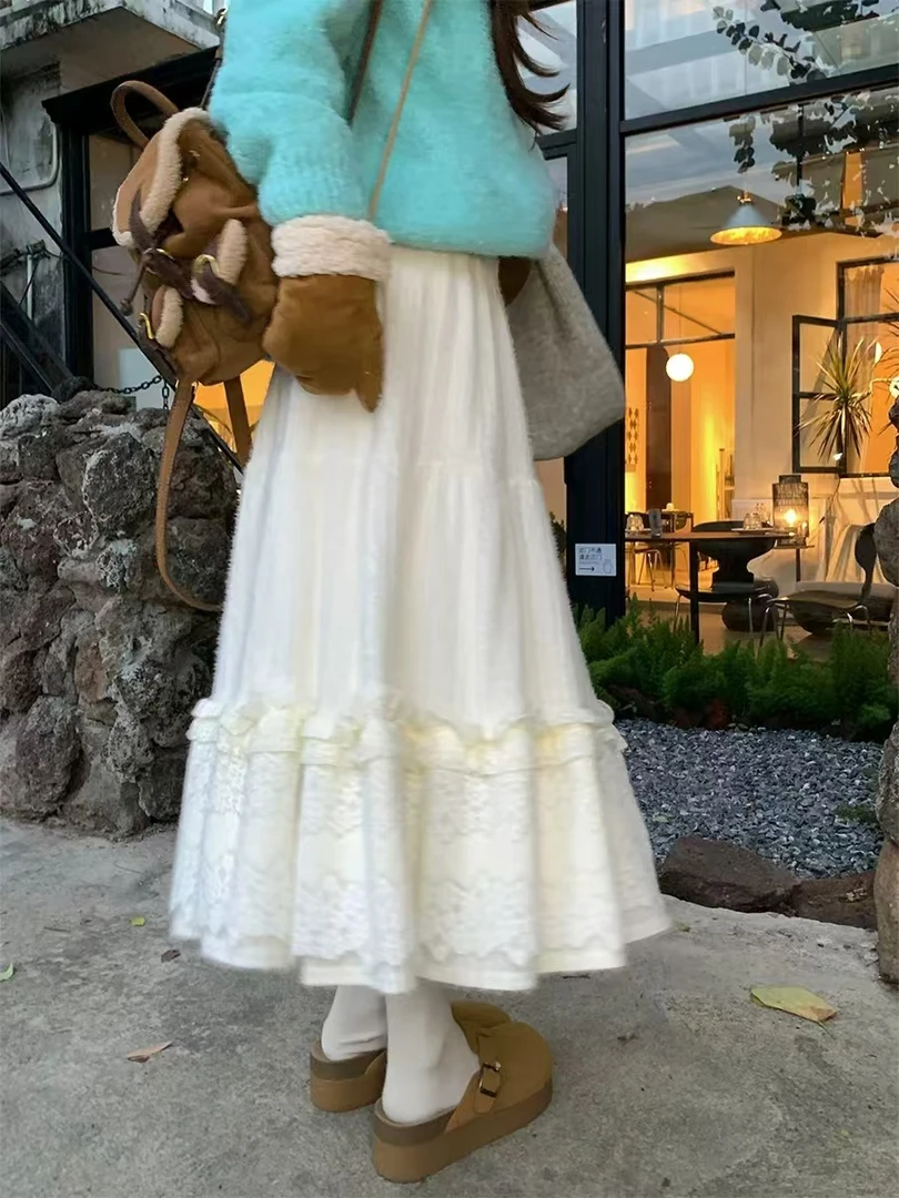 绒感蕾丝花边蛋糕半身裙冬季女高腰法式浪漫肌理面料过膝长裙G143