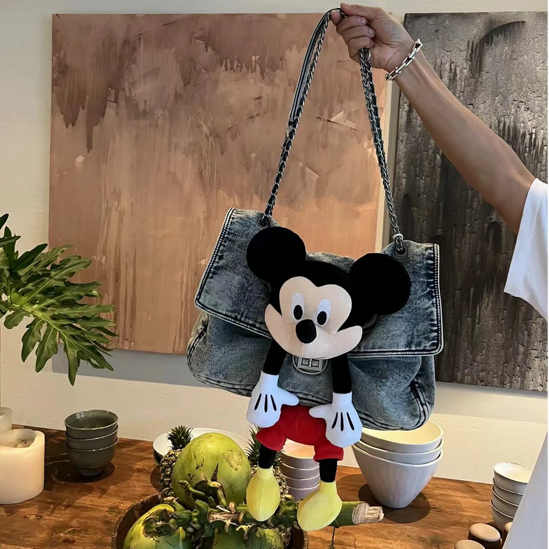 可爱米奇链条流浪包机场包做旧水洗牛仔托特包女大容量休闲百搭女