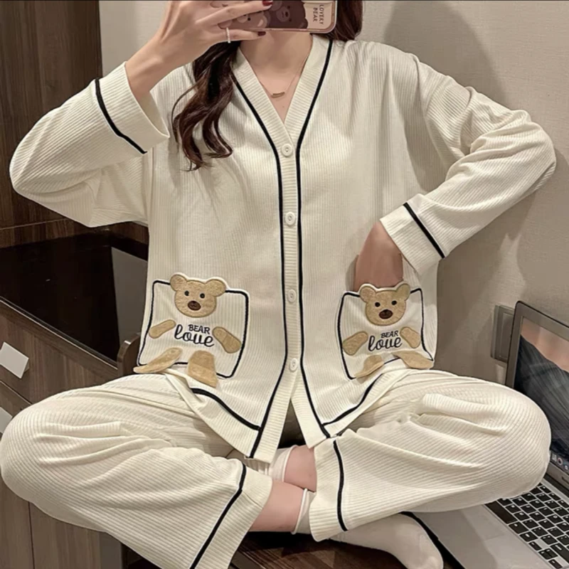 【小叶子家居服】315线条撞色双口袋扣子开衫长袖长裤家居服套装