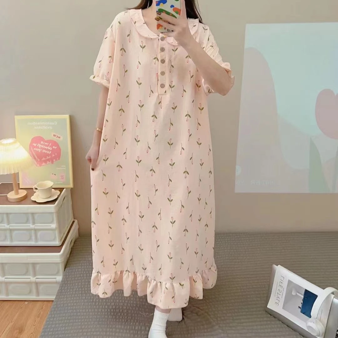 【叶子老爹家居服】2898粉色花花中长款睡裙
