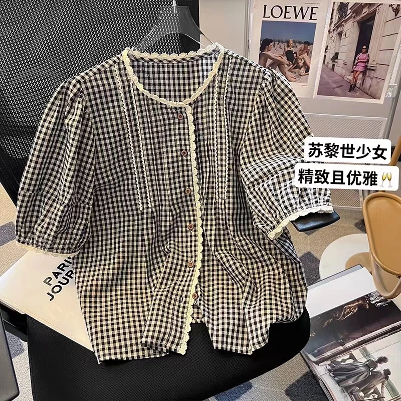 森系田园风短袖格子衬衫女夏小个子文艺上衣2025新款独特别致小衫