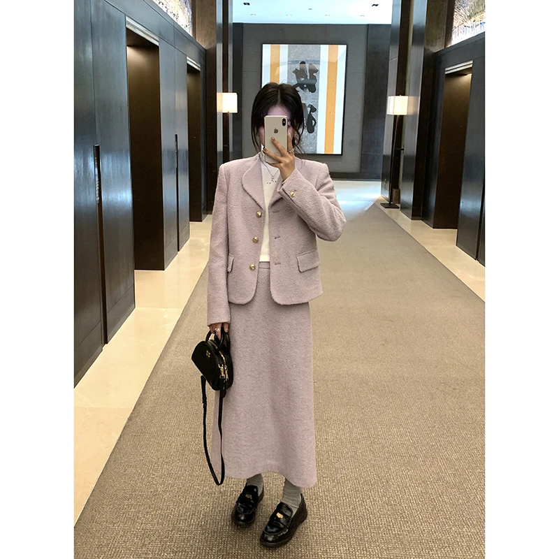 EKOOL定制 50%羊毛套装女冬季小香风外套+高腰半身裙D3103136