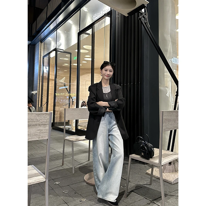 EKOOL衣库 夏塔雪山/2024早秋新款水洗做旧高腰牛仔裤女Q4072316