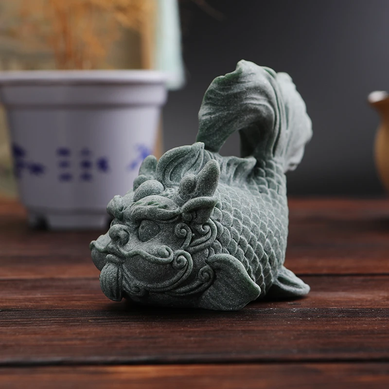 龙年“鱼化龙”青砂石新中式茶宠摆件鱼缸造景家居饰品
