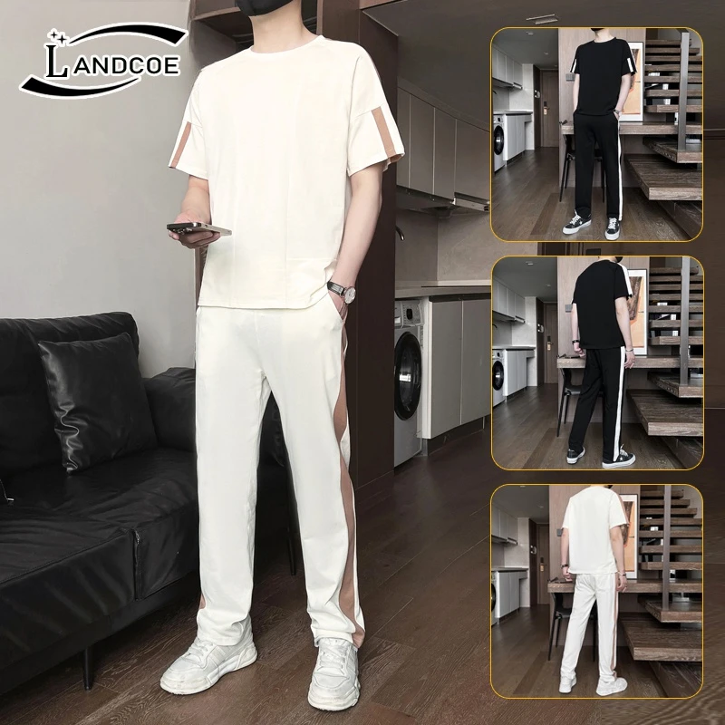 LANDCOE95%棉高档夏季新款休闲运动套装男潮牌短袖t恤长裤两件套