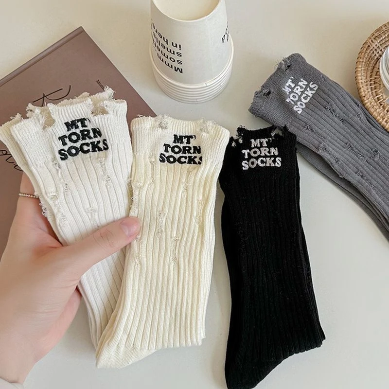 ins风破洞刺绣袜子街头潮流时尚洞洞袜乞丐袜欧美网红纯棉中筒袜
