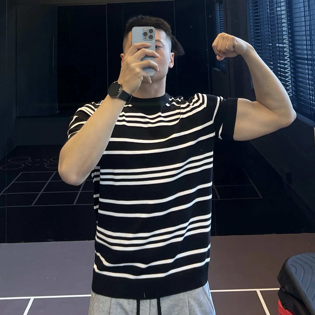 irontrap针织条纹修身T恤男士健身衣服运动体恤弹力训练短袖夏季