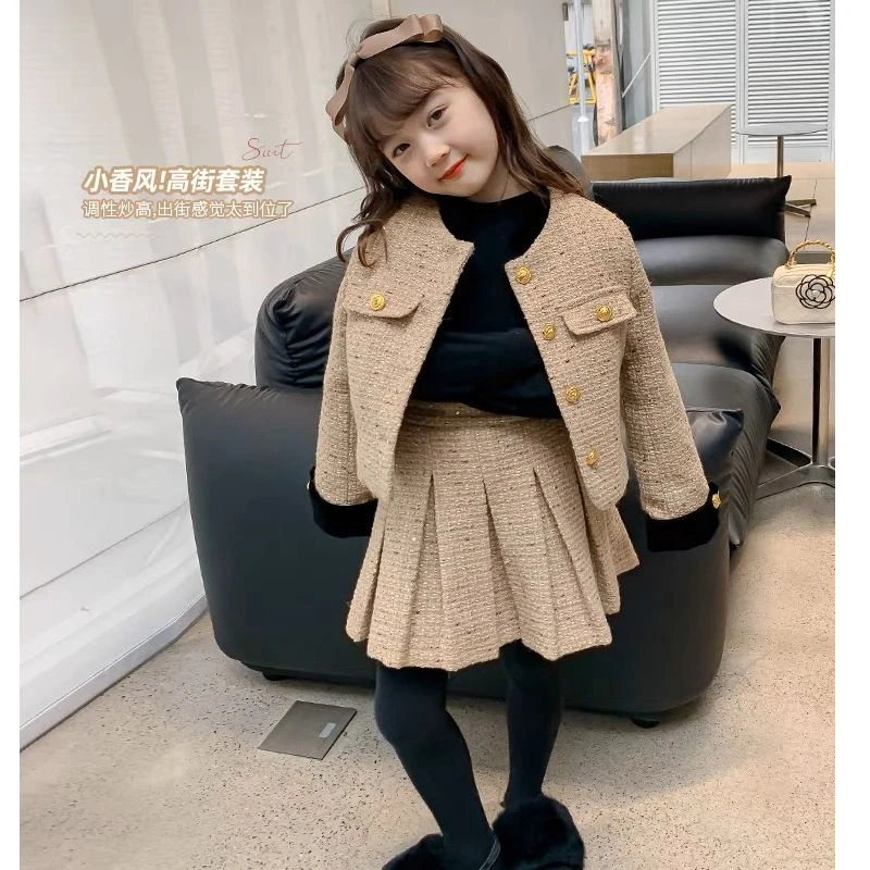 韩国女童新款时髦洋气小香风上衣+裙两件套套装2023秋冬加厚68137