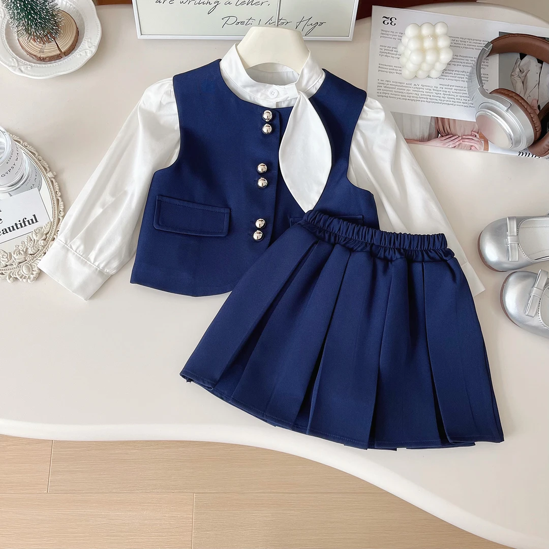 【黛青】2024女童新款秋季法式风ins套装衬衫马甲裙子三件套Q67513