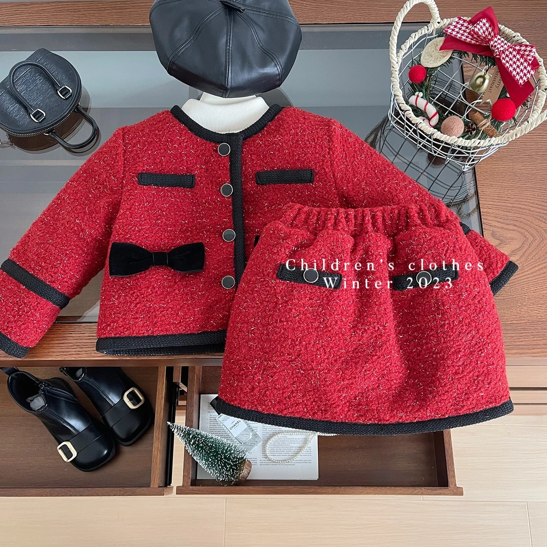 【新年套装】女童小香风加绒加厚上衣包臀裙两件套装D68257