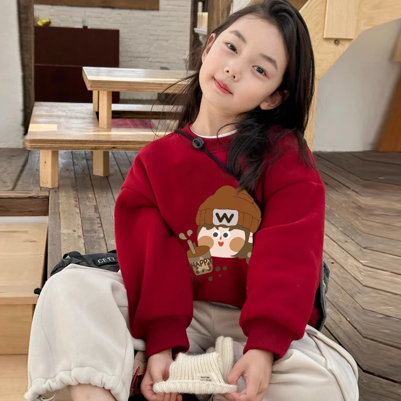 新年红色卫衣加绒女童2024秋冬季新款洋气儿童卡通冬装圆领上衣潮