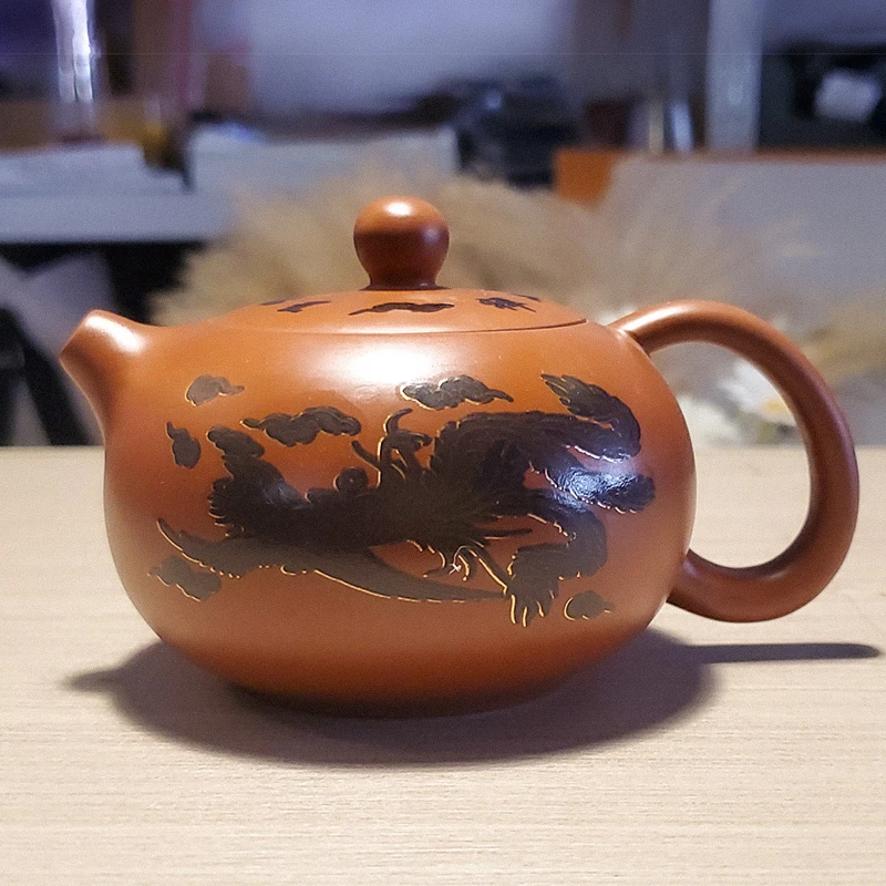 原矿朱泥变色龙凤紫砂壶