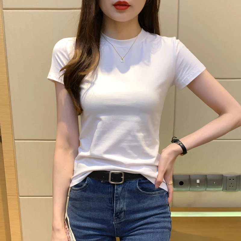 白色短袖T恤女正肩显瘦百搭2025夏季甜美风修身小圆领韩版上衣ins
