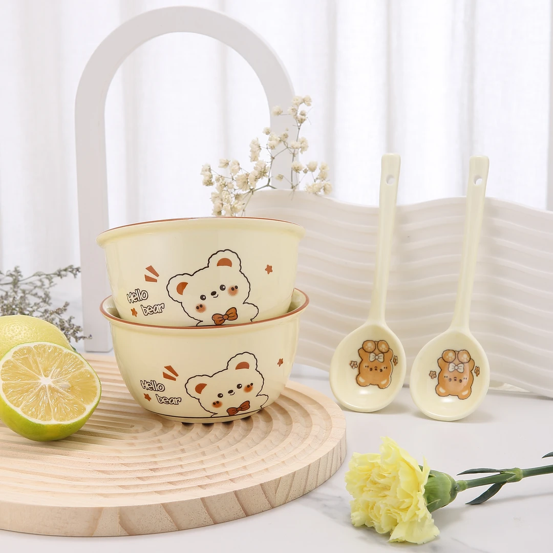 【Hello熊2碗2勺】4.75英寸米饭碗可爱个性家用陶瓷学生宿舍沙拉碗