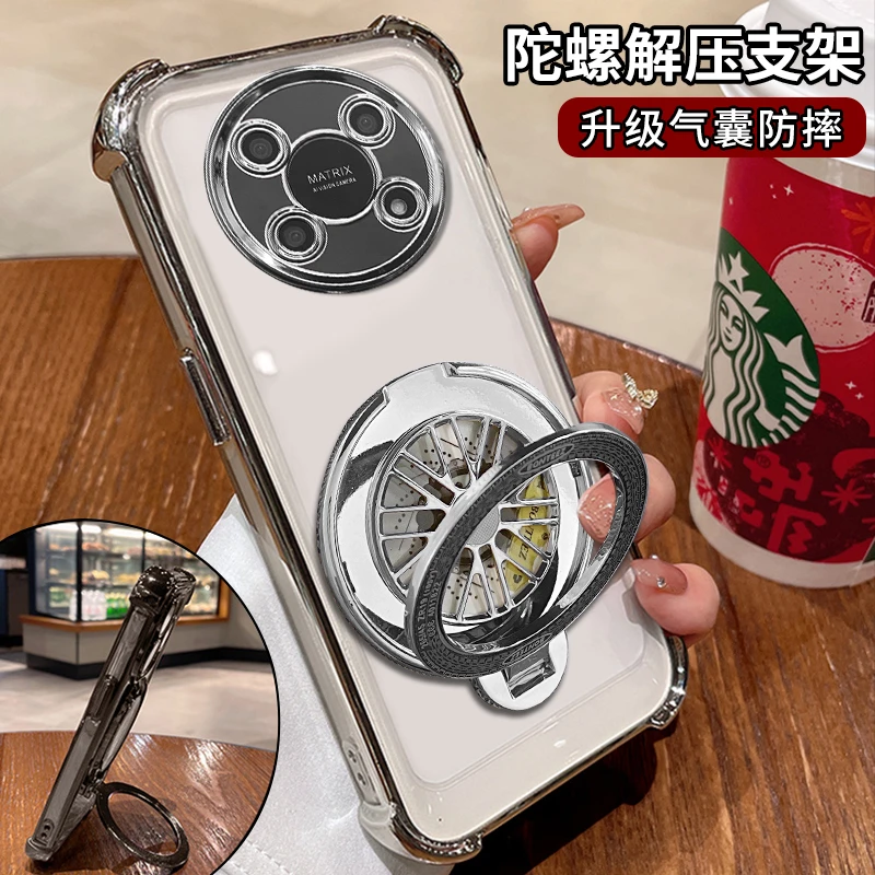 适用荣耀x30电镀四角防摔解压旋转陀螺支架手机壳